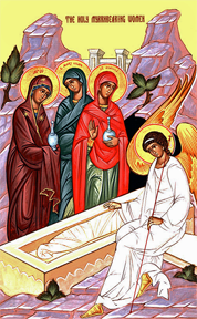 icon of the Resurrection featuring the Holy Myrrhbearing women at the tomb with the angel